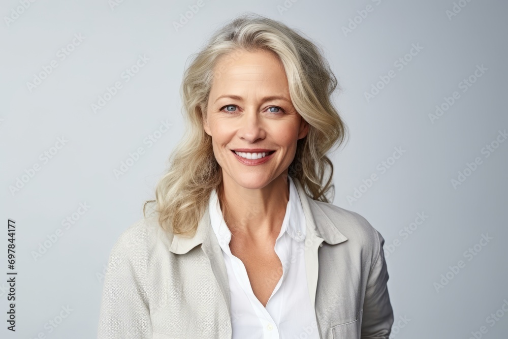 Portrait of happy mature businesswoman smiling at camera against grey background Portrait of happy mature businesswoman smiling at camera against grey background