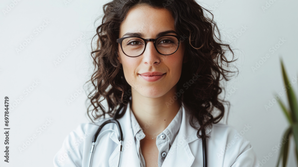 Beautiful happy woman with glasses, doctor in medical uniform, on white background.