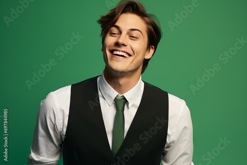 Portrait of a happy young business man laughing and looking up on green background © Iigo