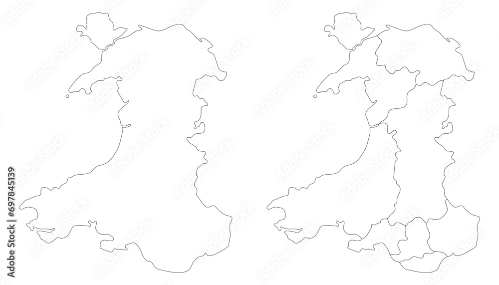 Wales map set. Map of Wales set in white color