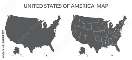 American map set. United States of America map set in grey color