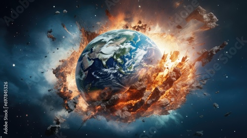 Planet Earth explodes from nuclear blast. Explosion of atomic bomb. Apocalypse, world war 3. AI Generated