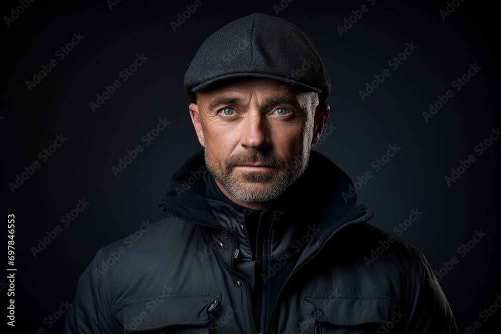 Portrait of a man in a black jacket and a cap.
