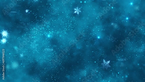 Christmas background. Snow, blizzard, decorative snowflakes. New year's night. 3D animation. Quick Time, h264, 16-bit color, highest quality. Smooth gradation of color, without banding effect. 