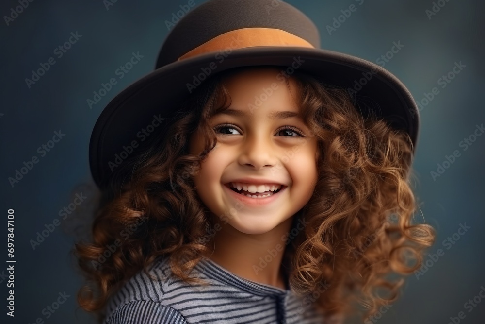 portrait of a beautiful little girl with curly hair in a hat portrait of a beautiful little girl with curly hair in a hat