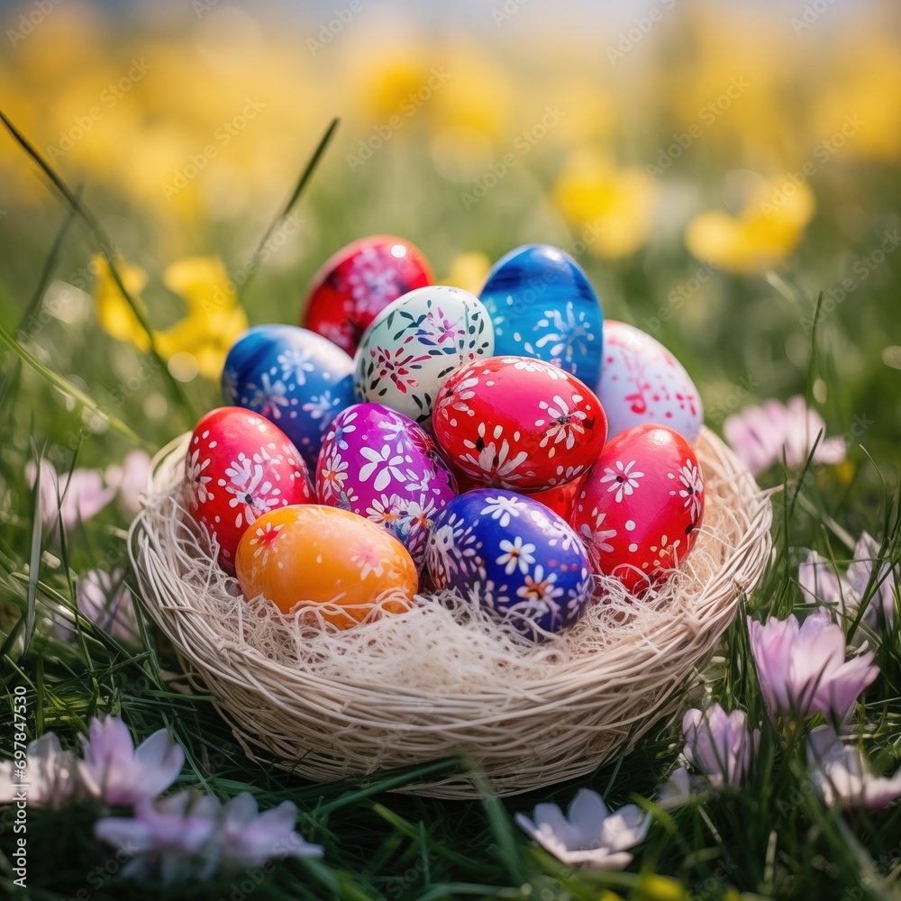 Spring Meadow Egg Extravaganza: Easter Eggs Arrayed in Nature's Beauty. Generative AI Spring Meadow Egg Extravaganza: Easter Eggs Arrayed in Nature's Beauty. Generative AI