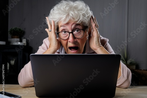 Shocked senior woman looking at laptop screen. Frustrated old lady using computer at home.