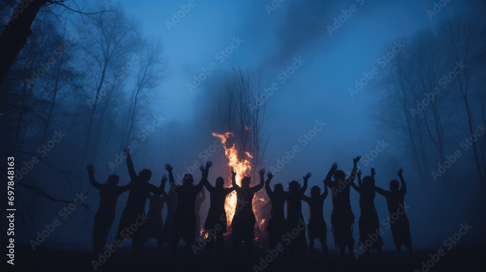 Wild dances of the aborigines, Indians dance around the fire and with the fire, savages with their leader and shaman perform rituals as in ancient times