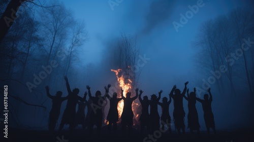 Wild dances of the aborigines  Indians dance around the fire and with the fire  savages with their leader and shaman perform rituals as in ancient times