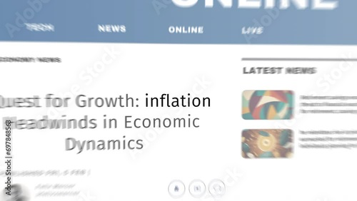 Abstract concept of Headline News across international media with global inflation crisis economy, market business crash. Zoom and focus on word in internet titles on screens time lapse