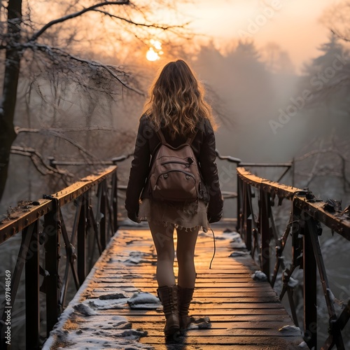 Mujer joven de espaldas, viajera en invierno celebrando sobre un puente nevado en el atardecer. Invierno elegante. Generado con tecnología IA photo