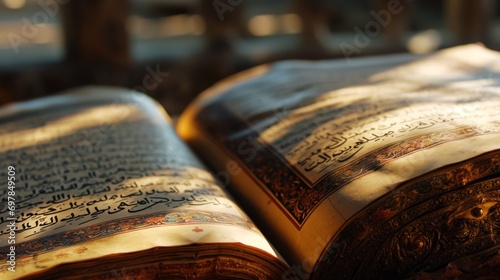 open holy book islamic muslim book the quran. beautifully looking for religion. arabic letters. wallpaper background 16:9, Generative AI