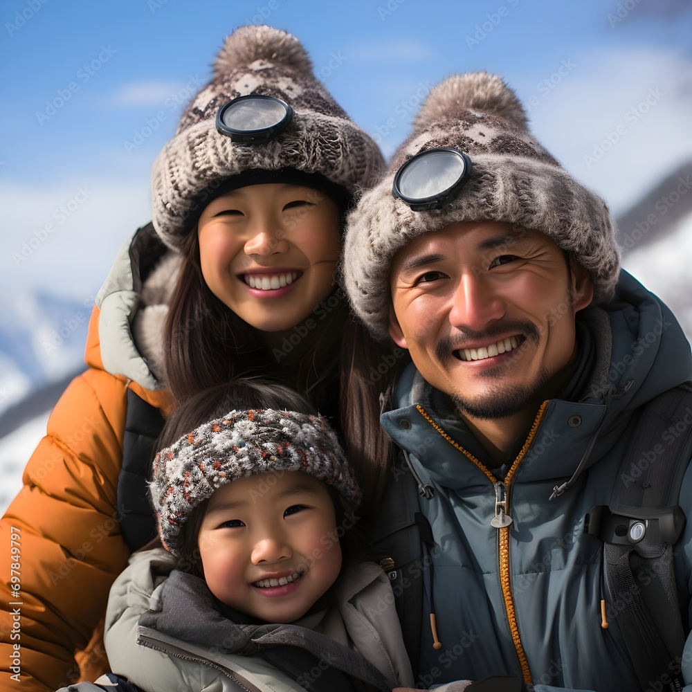 Retrato de familia feliz de vacaciones de invierno en la montaña, en la nieve con ropa abrigada. Generado con tecnología IA Retrato de familia feliz de vacaciones de invierno en la montaña, en la nieve con ropa abrigada. Generado con tecnología IA