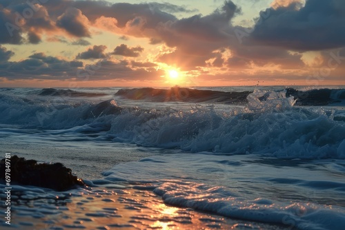 Ocean sunrise, waves' melody, horizon's first kiss, coastal dawn.