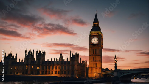 Famous Big Ben clock Elizabeth Tower in London at sunset 