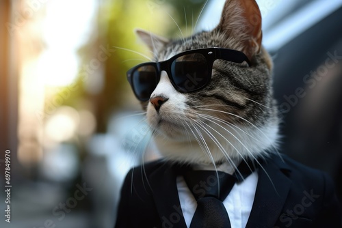 Kitty in business attire, shades on, corporate cat, suburban setting. photo