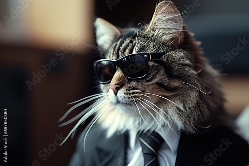 Feline boss, tailored suit, fashionable sunglasses, commanding respect. photo