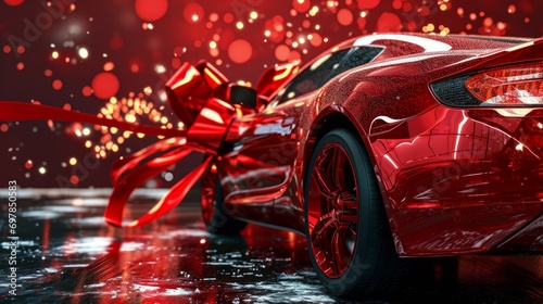 a beautiful expensive luxury black car with red ribbon bow as a gift. wallpaper background. © Marina