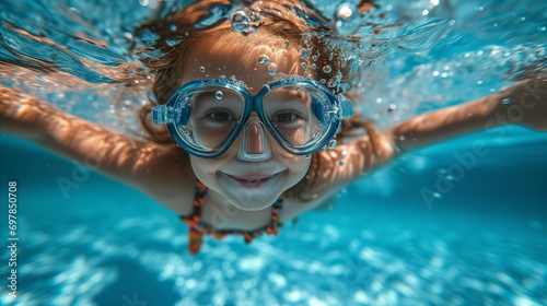 A young girl swims happily in the pool.