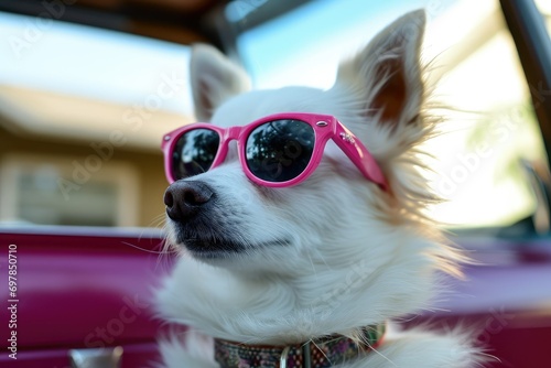 Canine suburban tour, sunglasses fashion, pastel views, whimsical outing. © Lucija