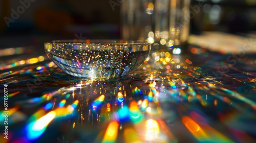 closeup of glass plates and kitchenware. sunlight refraction in rainbow colors. wallpaper background