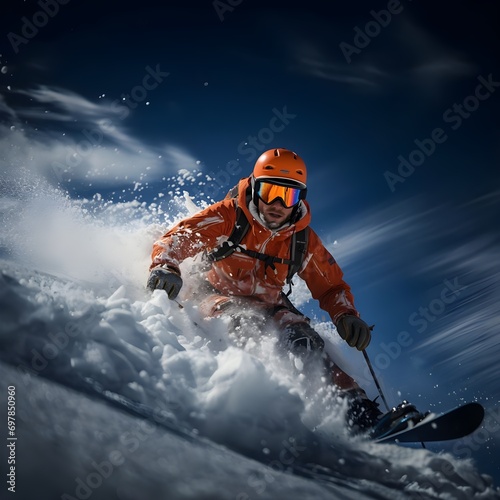 Esquiador en primer plano bajando la montaña. Generado con tecnología IA