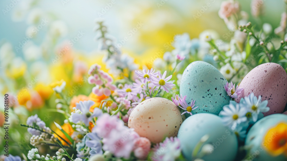 Fresh spring flowers and colorful Easter eggs. Creative decoration for Easter holidays​
