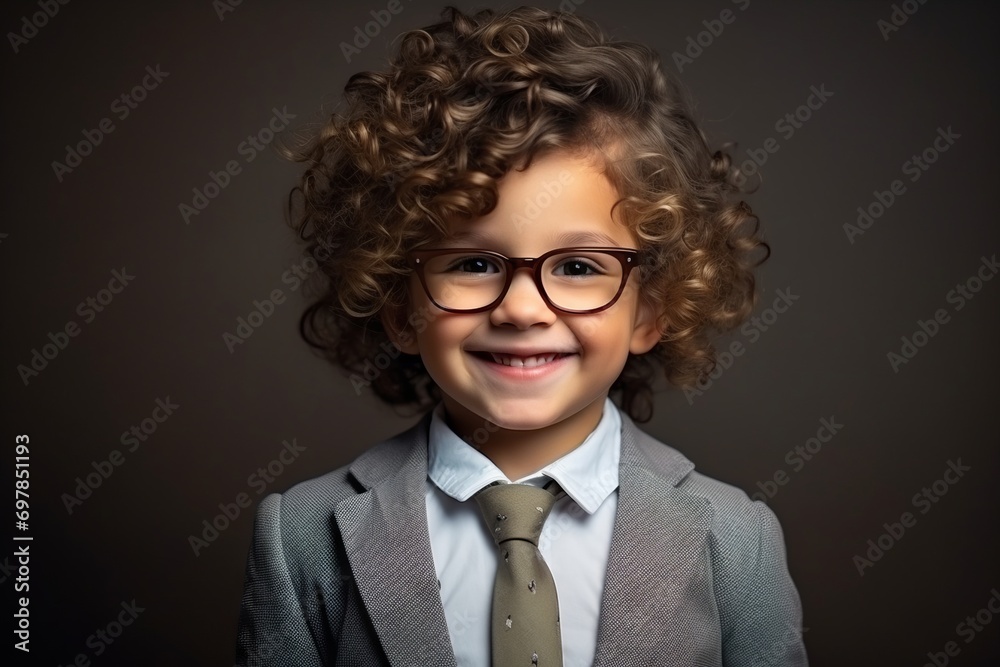 Portrait of a little boy in a business suit and glasses.