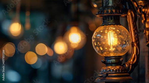 a warm lamp lantern glowing light in the evening in a old vintage house room. wallpaper background
