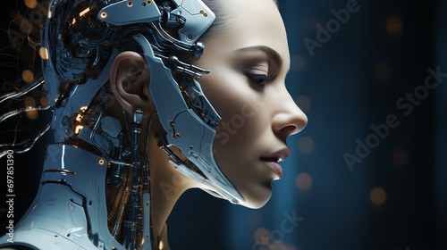 Futuristic women ai robot close-up background photo