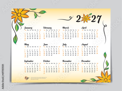 Calendar 2027 vector template yellow flowers design, Yearly calendar organizer for weeks, Week starts on sunday, Set of 12 months, wall calendar 2027 year, poster, flyer, printing vector illustration
