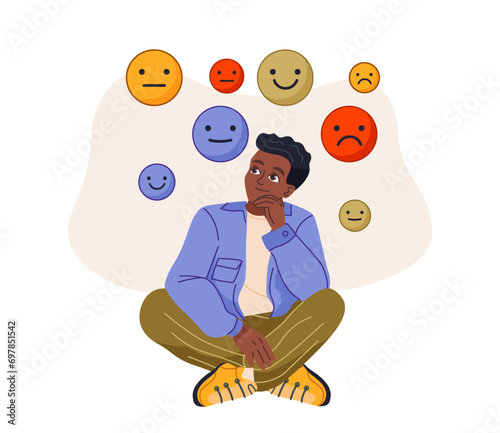 Choosing from multiple solutions. Man thinks and chooses between different emotions and feelings. Character makes decision and controls mood. Cartoon flat vector illustration isolated on background