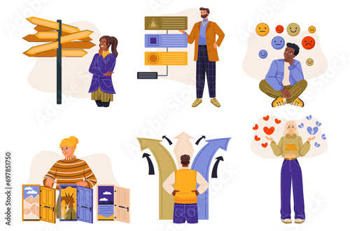 Choosing from multiple solutions. Set of men and women making decisions and choices between different directions. Various opportunities. Cartoon flat vector collection isolated on white background