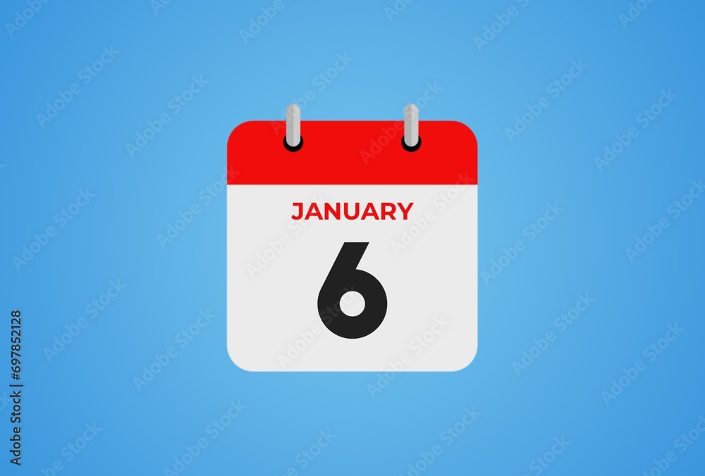 Icon calendar day. 6 January. 6th days of the month, illustration style. Date day of week Sunday, Monday, Tuesday, Wednesday, Thursday, Friday, Saturday. Winter holidays in January. Icon calendar day. 6 January. 6th days of the month, illustration style. Date day of week Sunday, Monday, Tuesday, Wednesday, Thursday, Friday, Saturday. Winter holidays in January.