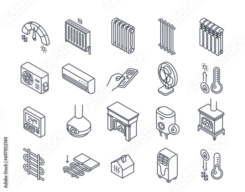 Home heating linear icons set. Radiator, fireplace, wood burning stove, fan and air conditioner. Design elements for application. Outline simple vector collection isolated on white background