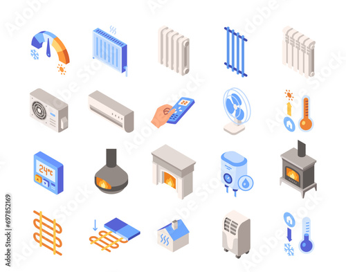 Home heating colorful icons set. Bright signs with radiator, dehumidifier, heated floors and equipment for heating air in winter season. Cartoon flat vector collection isolated on white background
