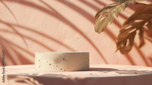 Wallpaper Mural Cylinder stone podium for product display with tropical leaf on peach fuzz color background. Generative AI Torontodigital.ca