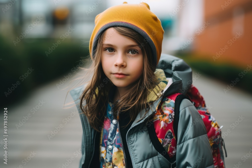 Portrait of a cute little girl in a hat and jacket with backpack Portrait of a cute little girl in a hat and jacket with backpack