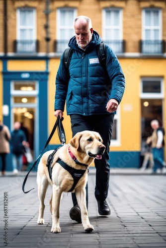 A guide dog on the street in the city leads a man