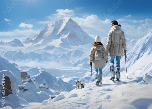 Madre e hija esquiando en invierno sobre montaña nevada. Generado con tecnología IA photo