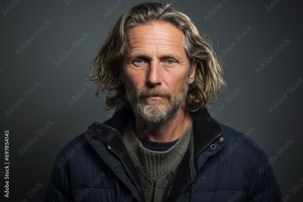 Handsome middle aged man with long gray hair and beard wearing a blue jacket over grey background