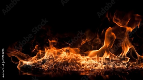 Fire flames on black background. For art work design, banner or backdrop. Flames against a black background. Fire concept. dangerous concept. Art concept. Wave concept. Flame concept. Background conce