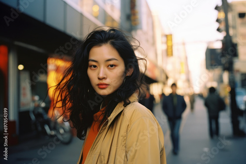 cinematic street style fashion portrait headshot of an attractive asian/chinese/korean woman young adult model in vintage portra film photography magazine editorial style