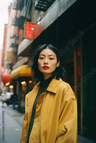 cinematic street style fashion portrait headshot of an attractive asian/chinese/korean woman young adult model in vintage portra film photography magazine editorial style