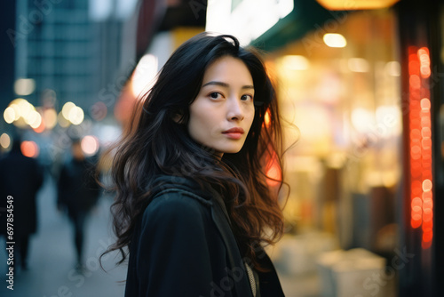 cinematic street style fashion portrait headshot of an attractive asian/chinese/korean woman young adult model in vintage portra film photography magazine editorial style