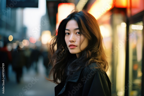 cinematic street style fashion portrait headshot of an attractive asian/chinese/korean woman young adult model in vintage portra film photography magazine editorial style