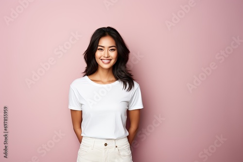 Young Confident Woman Smiling and Wearing a Blank T-shirt Standing in Front of a Pink Background, Print on Demand Template, Fashion Portrait, People Wearing Clothing with Print Copy Space