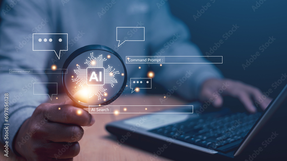Searching for information in technology with AI systems concept, Businessman holding magnifying glass with command prompt, chat and AI search engine for data by connect to global internet network. - obrazy, fototapety, plakaty 