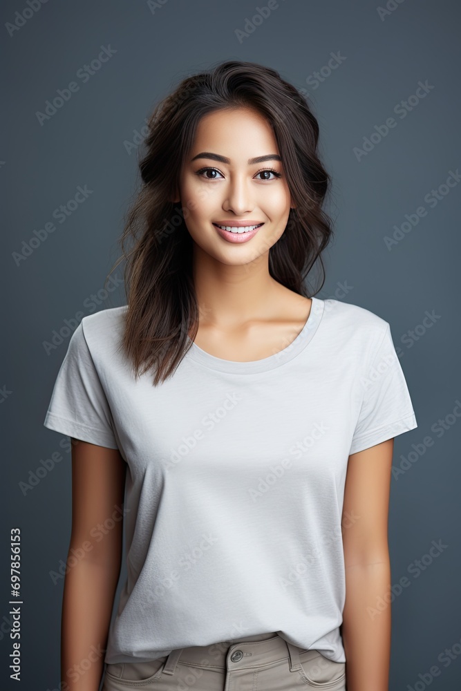 Young Upbeat Brunette Woman Smiling and Wearing a Blank T-shirt Standing in Front of a Dark Blue Background, Print on Demand Template, Fashion Portrait, People Wearing Clothing with Print Copy Space Young Upbeat Brunette Woman Smiling and Wearing a Blank T-shirt Standing in Front of a Dark Blue Background, Print on Demand Template, Fashion Portrait, People Wearing Clothing with Print Copy Space