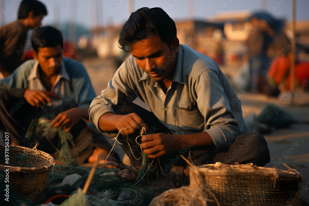 Unidentified indian fisherman is working on his fishing net. Unidentified indian fisherman is working on his fishing net.